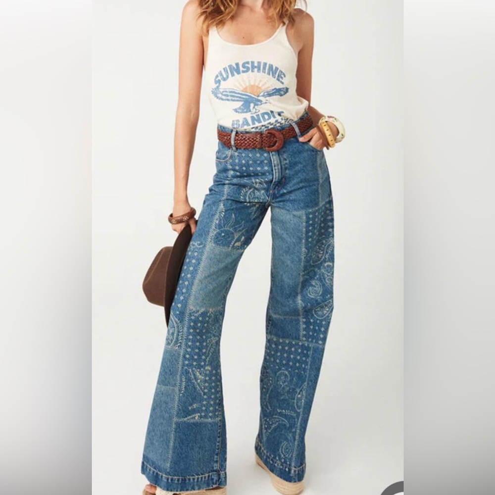 Spell Blue Flare Wide Leg Jeans with Patchwork Design